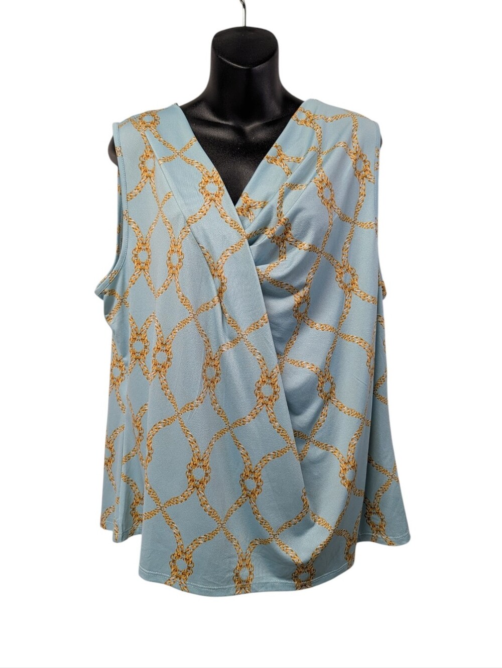 Como Blu Light Blue Gold Chain Link Surplice V-Neck Sleeveless Top Plus 1X NWT